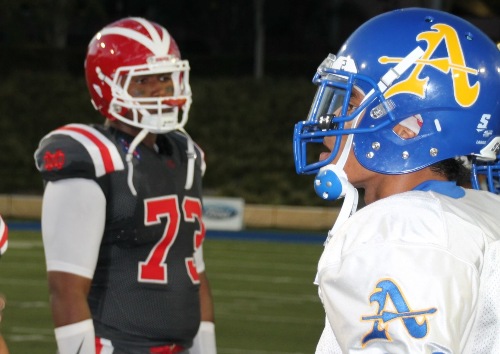 Frank Martin and Trevon Sidney during captain's coin toss prior to Bishop Amat vs Mater Dei